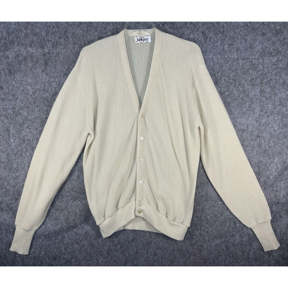 Jantzen Cardigan Sweater Size L Men Beige Vintage 80s Made In USA Grandpa